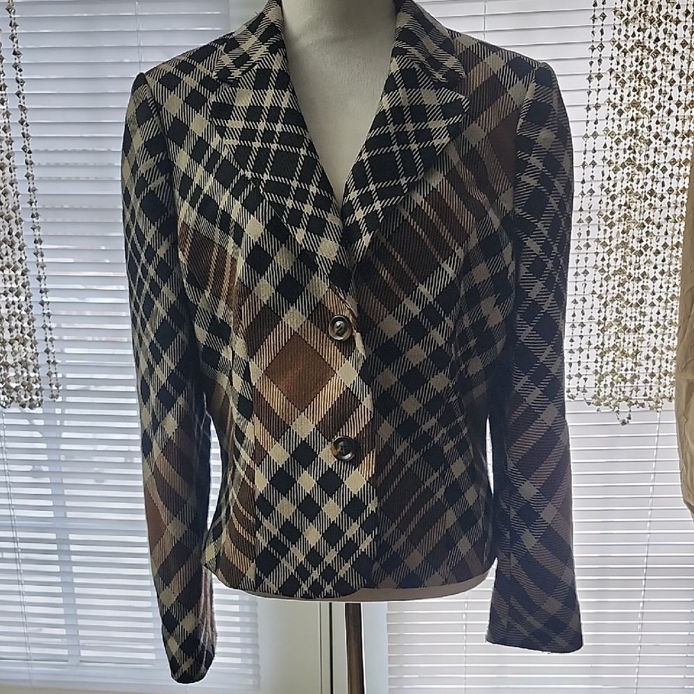 Anne Klein Plaid Blazer - Black, Brown, and Cream